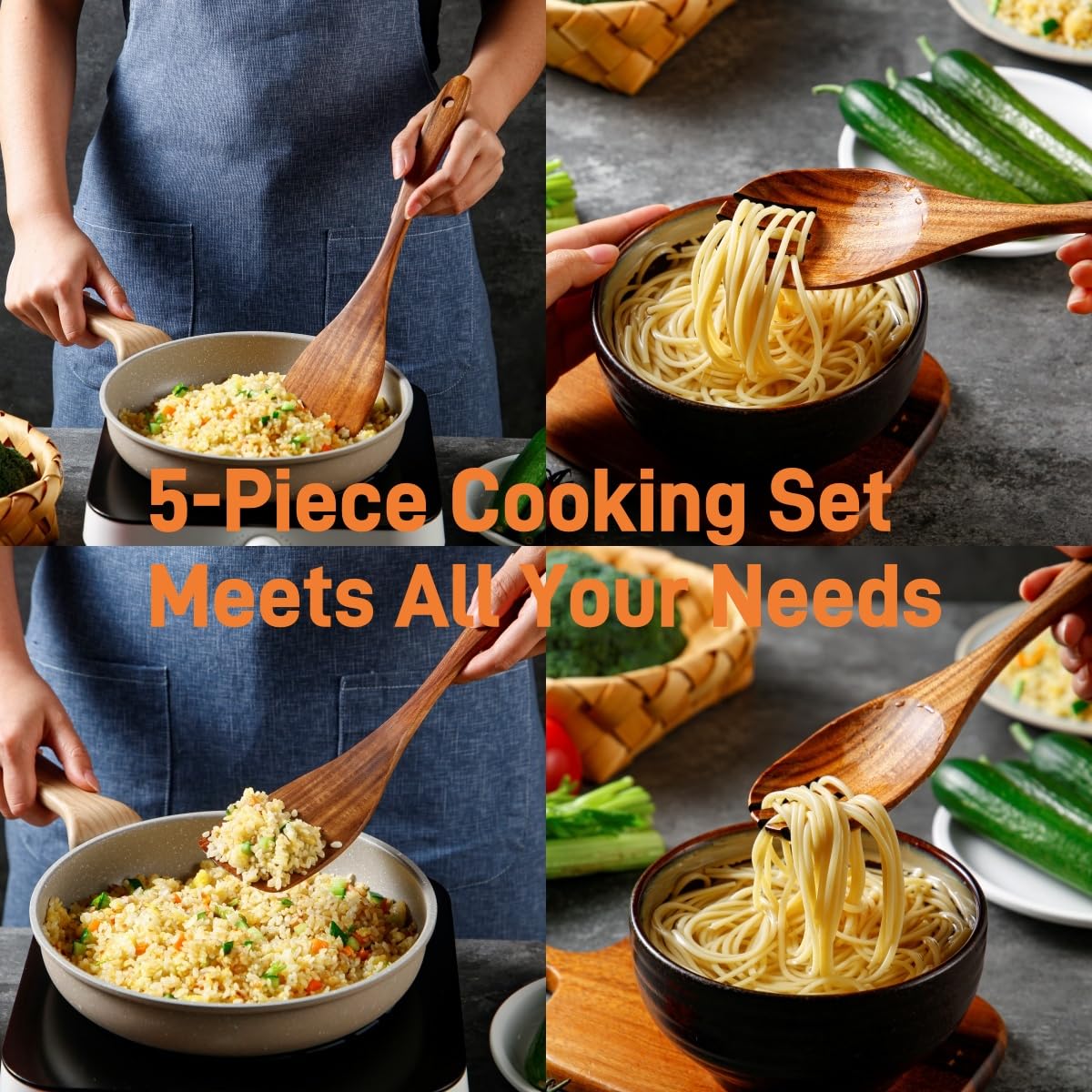 Yhendelion 5 Piece Wooden Spoons for Cooking - Natural Finish Wooden Cooking Utensils - Soft Grip Wood Spoons - Non-Stick Wooden Spoons Yhendelion