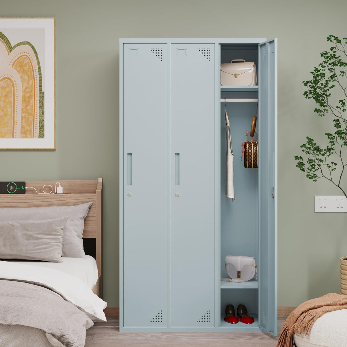 Anxxsu Metal Locker with 3 Doors Employees Locker, Metal Storage Locker with Hooks, 71" Storage Cabinet Lockers for Employees, Home, Office, Gym Requires Assembly (Grey) Anxxsu