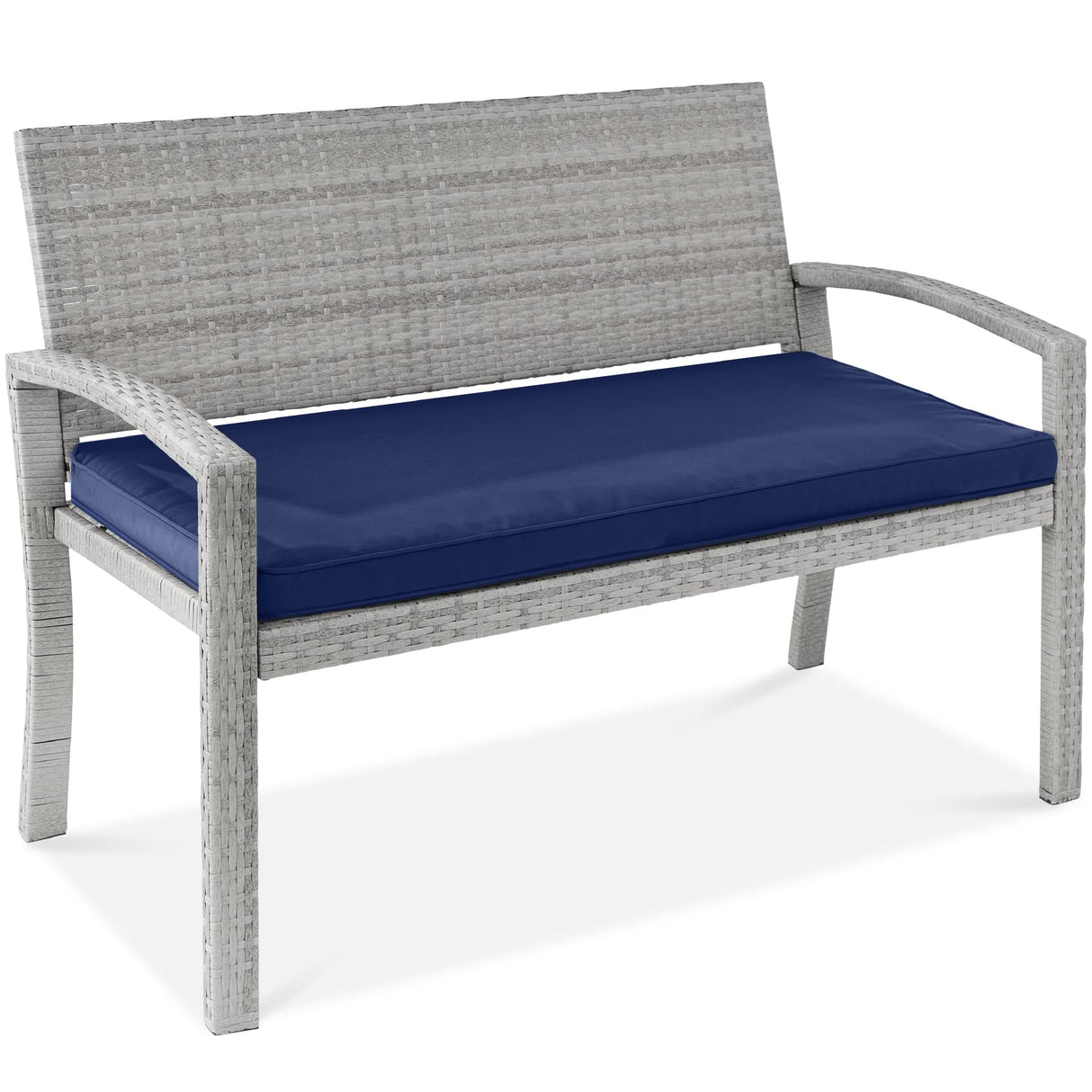 Best Choice Products Outdoor Bench 2-Person Wicker Garden Patio Benches Seating Furniture for Backyard, Porch w/Seat Cushion, 700lb Capacity - Gray/Navy Best Choice Products