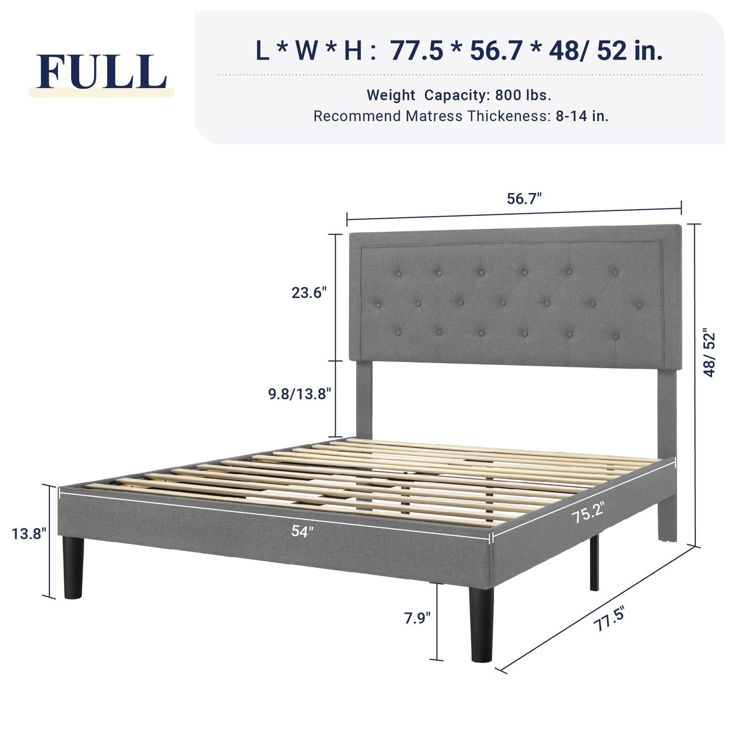 Allewie Full Size Bed Frame Upholstered Platform Bed with Adjustable Headboard, Button Tufted, Wood Slat Support, Easy Assembly, Light Grey