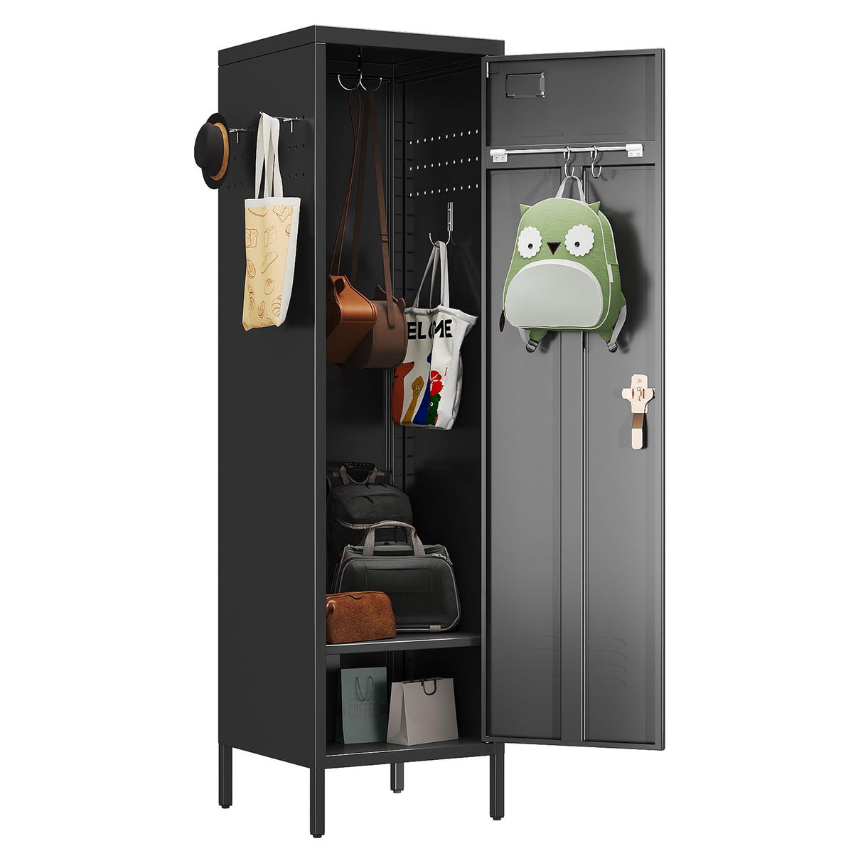 SUPEER 1 Door Metal Storage Lockers with Handle and Hanging Rod,Metal Locker for Employees with Pegboard and Hooks for Home,Office,Gym, School, Garage,Assembly Required,Black SUPEER