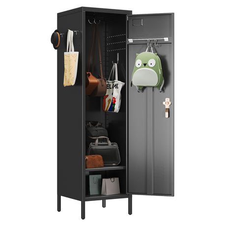 SUPEER 1 Door Metal Storage Lockers with Handle and Hanging Rod,Metal Locker for Employees with Pegboard and Hooks for Home,Office,Gym, School, Garage,Assembly Required,Black SUPEER