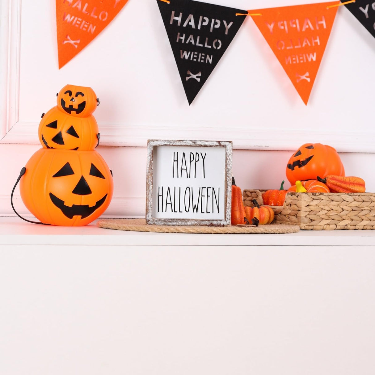 FESTWIND Halloween Home Decor, Happy Halloween Block Sign for Shelf, Mantel, Table, Halloween Decorations Indoor, Embossed Metal With Wood Frame FESTWIND