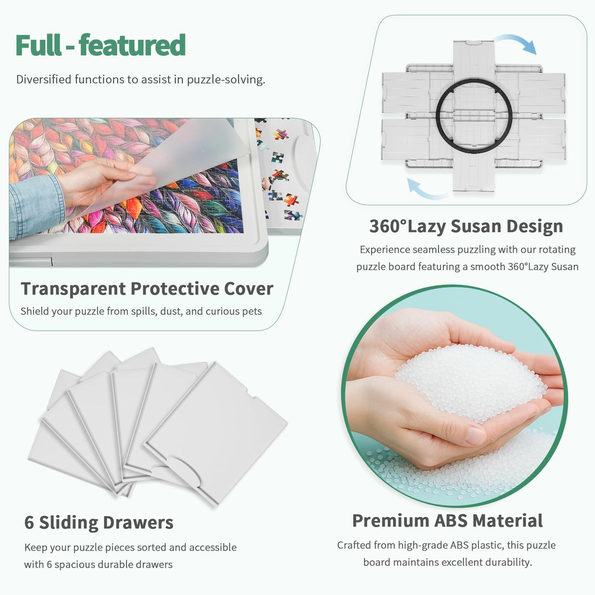 ALL4JIG 1500 Pieces Rotating Plastic Puzzle Board with 6 Sliding Drawers and Protective Cover, 360° Lazy Susan Design, 34.25"x26.38" Portable Spinning Puzzle Table for Adults, Ideal Gift for Mum ALL4JIG