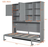 SOFTSEA Twin Horizontal Murphy Bed with Storage Shelves, Foldable Wall Bed with LED Light & Charging Stations, Space-Saving for Living Room, Guest Room, Bedroom, Office, Grey SOFTSEA