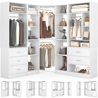 Besiost Freestanding Closet System with 3 Sets, 87.2" Closet Organizer System with 5 Drawers & 4 Hanging Rods, Reversible L Shaped Walk-in Closets, 63.2"L x 63.2"W x 80"H, Load 2000+LBS, White
