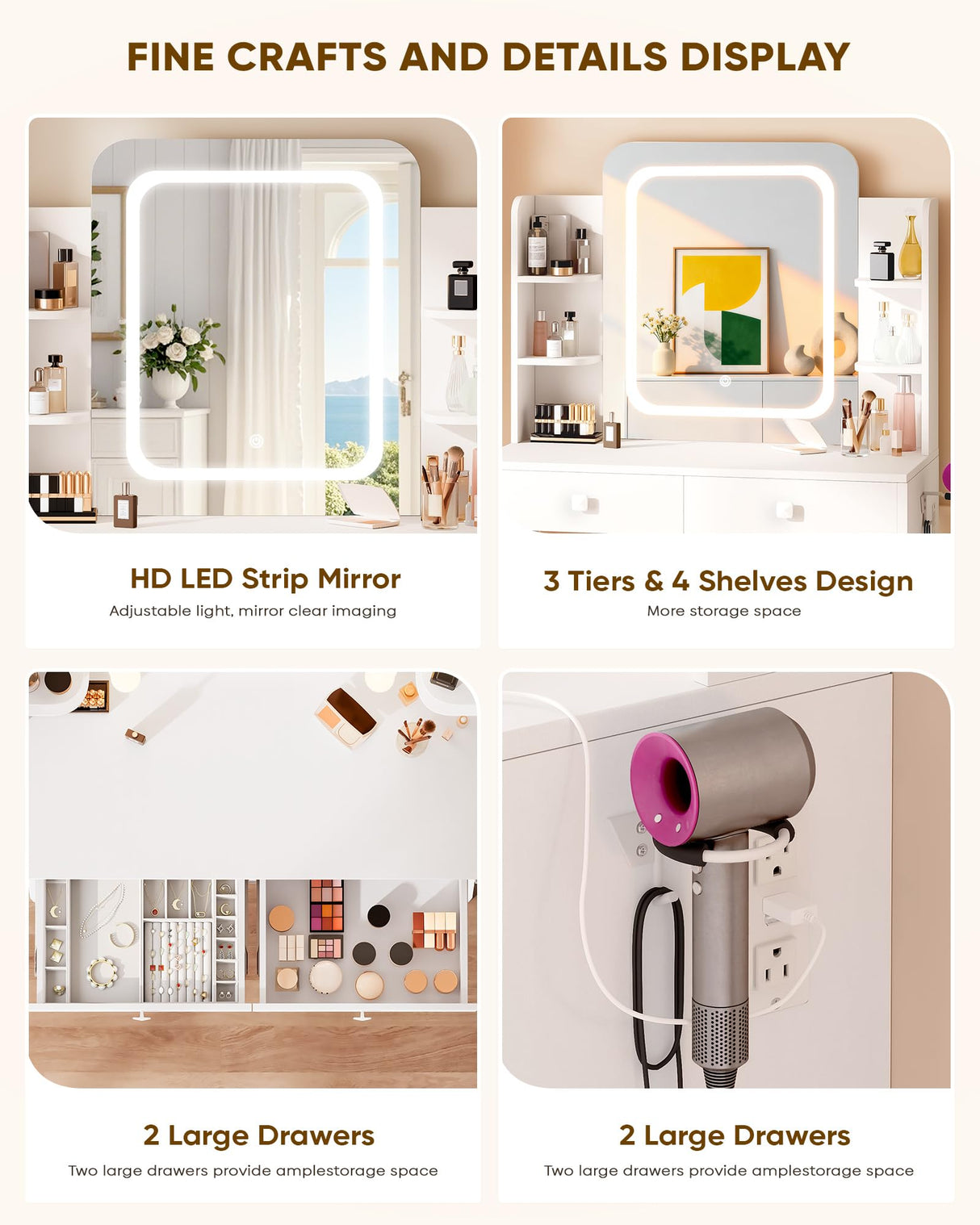 LIVELYGLOW Small Makeup Vanity Desk, 29.5" W x 15.8" D x 51.2" H, White (Smart LED Mirror, Hairdryer Rack, Power-Outlet, 5 Shelves, 2 Drawers) LIVELYGLOW