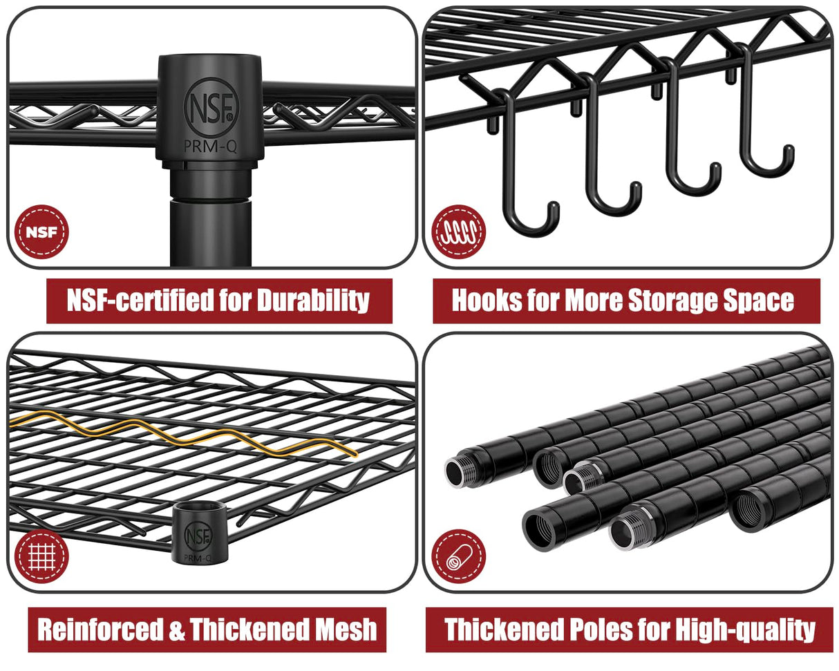 PrimeZone 72" W x 16" D x 76" H Adjustable Garage Shelving, 5 Tier Heavy Duty Metal Storage Shelves, Steel Wire Rack Storage Shelving Organizer for Warehouse, Kitchen, Pantry, Garage, Basement, Black PrimeZone