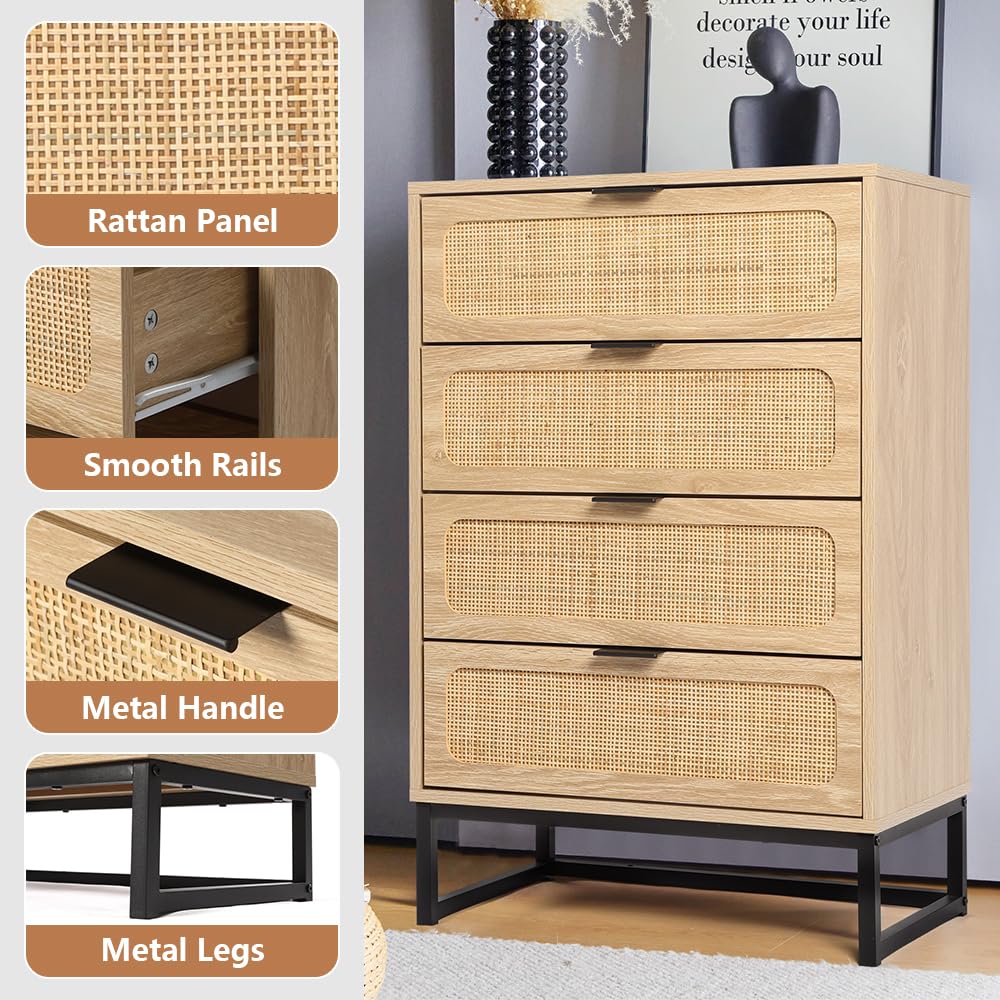 affeivul Mid Century Modern Dresser, 4 Drawer Rattan Dresser for Bedroom Wood, Boho Wooden Rattan Storage Cabinet Side Table with Solid Metal Legs, Tall Skinny Dresser for Closet (Natural) - WoodArtSupply