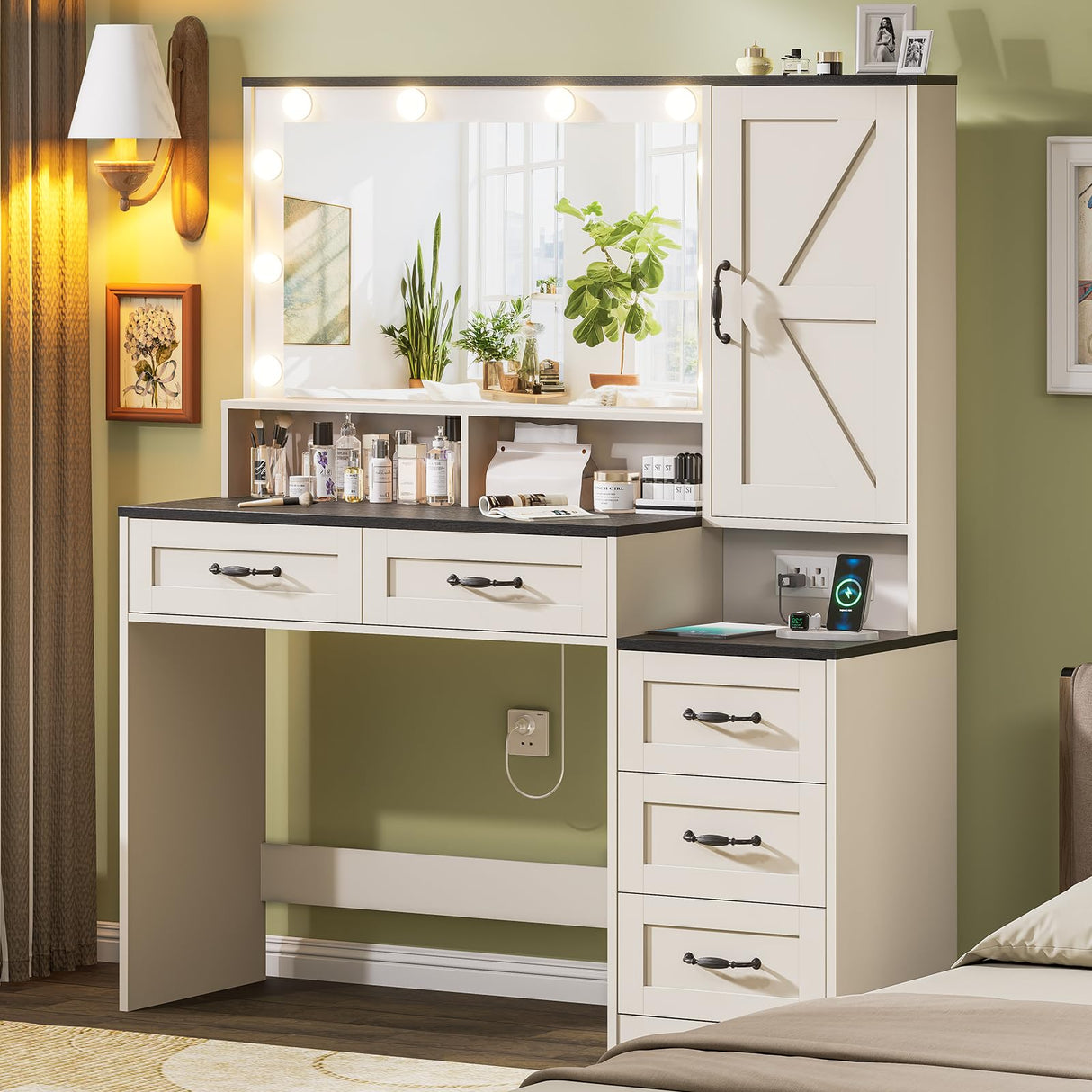 Farmhouse Vanity Desk with Mirror and 10 Led Lights, 45.3 " Large Makeup Vanity Table with Power Outlet, 5 Drawers and 1 cabinet, Vanity Set Dressing Table with 9 Hooks for Women Girls (White+Black) DINGIPP