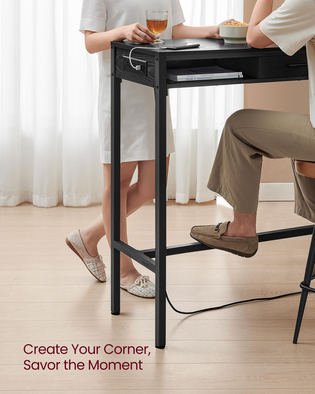 VASAGLE 39.3-Inch Rectangular Bar Table with Power Outlet and Adjustable Feet in Ebony Black VASAGLE