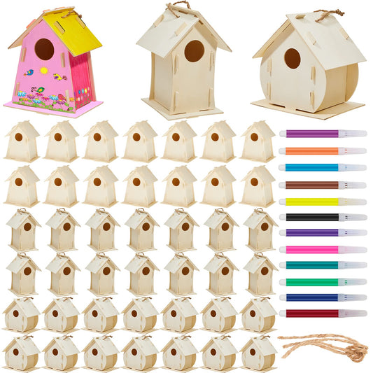 42 Sets DIY Birdhouse Kit to Build and Paint, Include Unfinished Wooden Bird House, Strips and Colorful Painting Pens for Fun Craft Activity Creative DIY Art Project