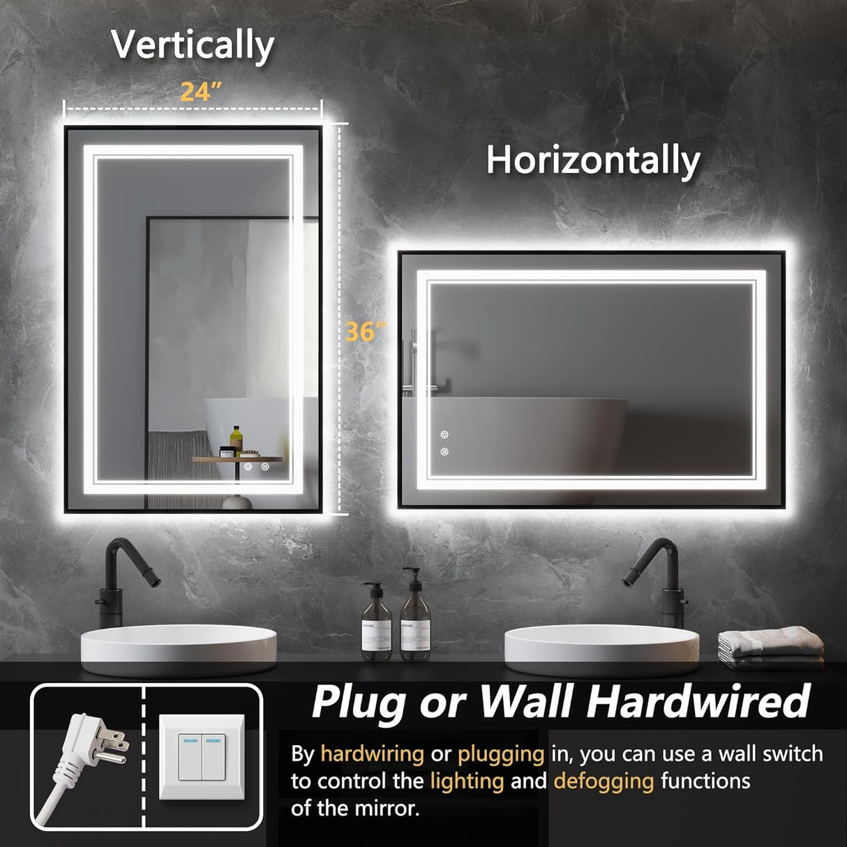 SNUGACE 24"x 40" LED Bathroom Mirror with Black Frame, Stepless Dimmable, Anti-Fog, Shatter-Proof, Memory, 3 Colors, LED Vanity Mirror SNUGACE
