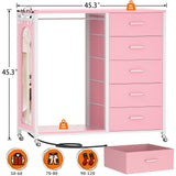 Cyclysio Dresser for Bedroom with Clothes Rack & Mirror, Pink 5 Drawers Dresser with Charging Station & LED Lights, Rolling Chest of Drawers with Wheels, Full Length Mirror, Wooden Top,Bedroom,Closet Cyclysio