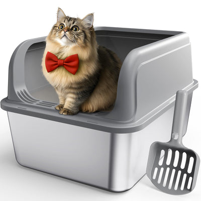 Powools Stainless Steel Cat Litter Box, Metal Kitty Litter Box with Scoop, Anti-Leakage Top Entry, Non-Sticky, Easy to Clean, Grey, 13.5" × 17.3" × 11"