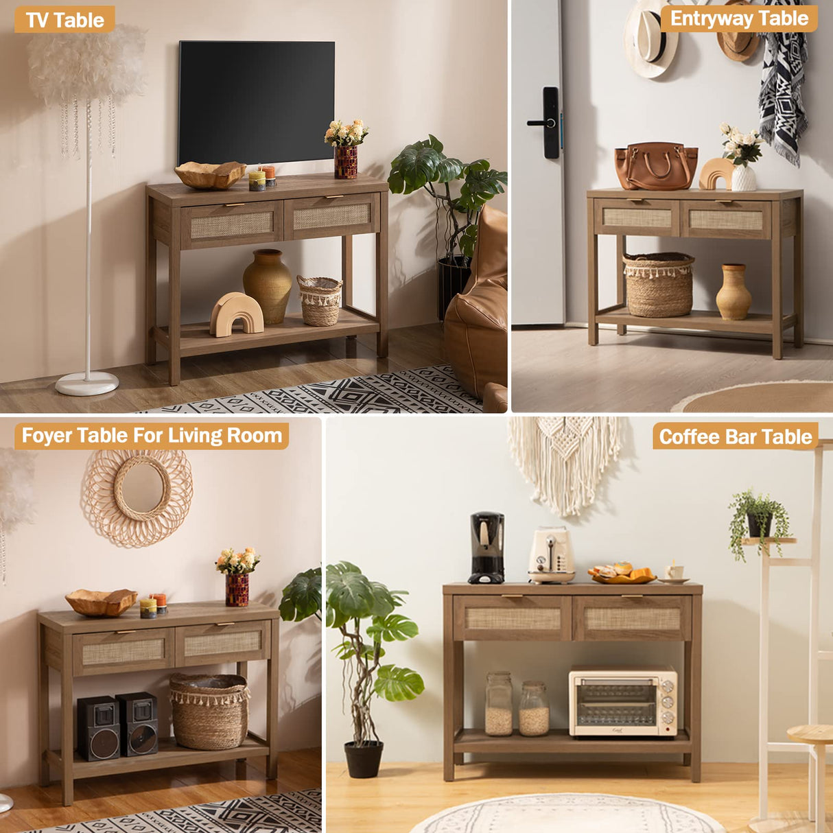 SICOTAS Boho Rattan Console Table with Storage Drawers - Elegant Entryway Table for Hallway or Living Room SICOTAS