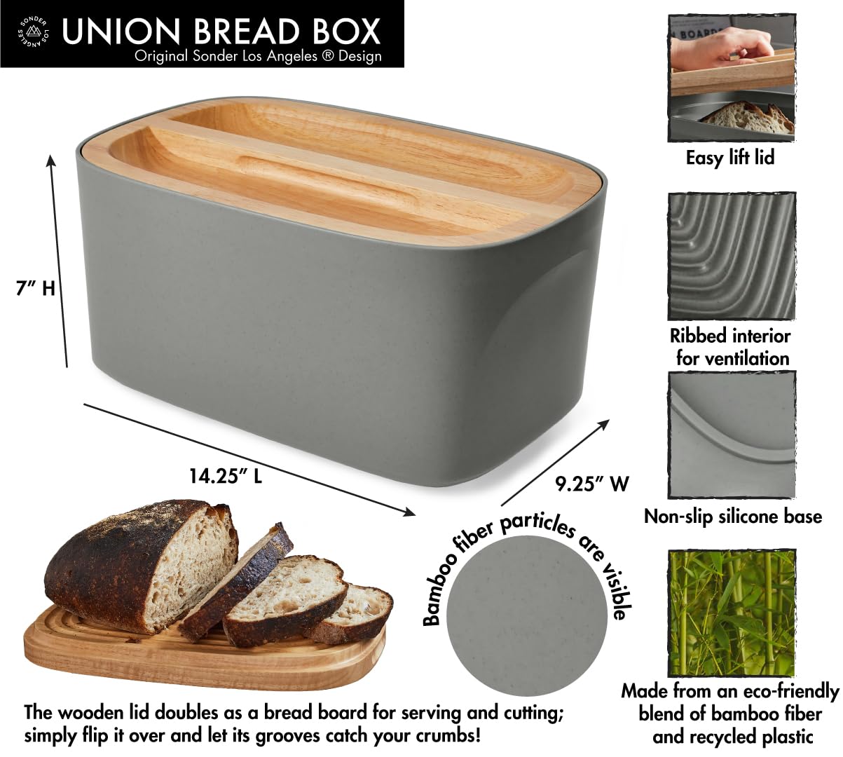 Sonder Los Angeles, Modern Bamboo Fiber (Charcoal) Bread Box for Kitchen Countertop with Reversible Wood Serving Lid, Homemade Bread Storage 14.25 x 9.25 x 7in, Storage Bin and Bread Container Sonder Los Angeles