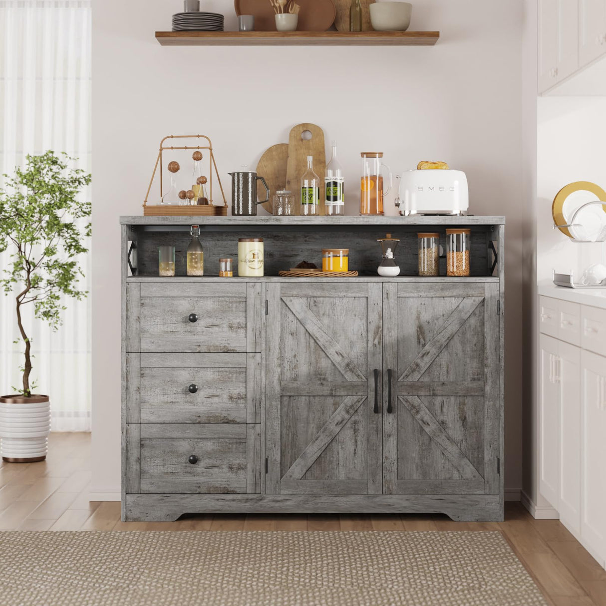 Vabches 47''W Farmhouse Buffet Sideboard with Charging Station and 3 Drawers, Coffee Bar Cabinet Buffet Cabinet with Shelf, Rustic Accent Cabinet with Storage for Kitchen, Dining Room, Washed Gray Vabches