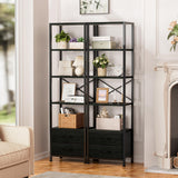 Furnulem 5-Tier Corner Shelf, Narrow Bookshelf with 2 Storage Drawers, 65.16" Tall Bookcase, Standing Shelf Organizer Unit for Living Room, Bedroom, Metal Frame, Wood Display Shelf(Black Oak) Furnulem