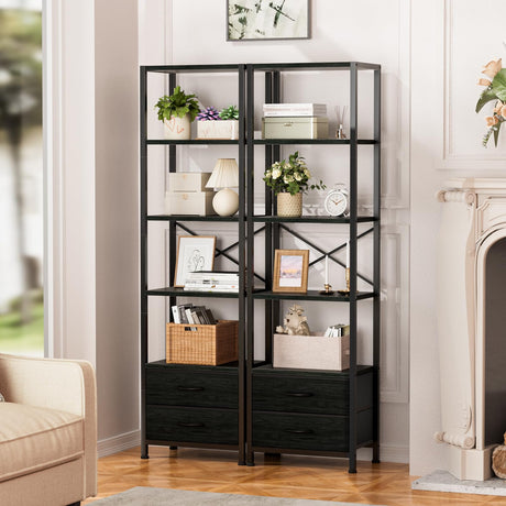 Furnulem 5-Tier Corner Shelf, Narrow Bookshelf with 2 Storage Drawers, 65.16" Tall Bookcase, Standing Shelf Organizer Unit for Living Room, Bedroom, Metal Frame, Wood Display Shelf(Black Oak) Furnulem