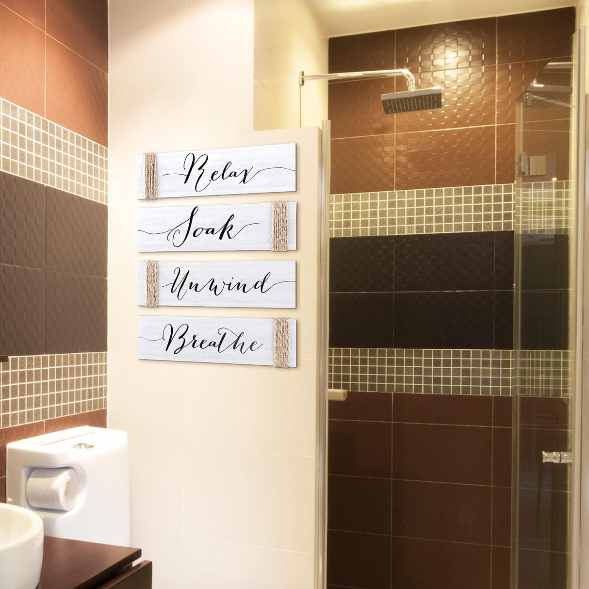 4 Pieces Farmhouse Bathroom Decor Wall Art Bathroom Sign Rustic Bathroom Decor Relax Soak Unwind Breathe Wood Sign for Home Spa Bathroom Decor, 11.8 x 3 Inch (White) Jetec