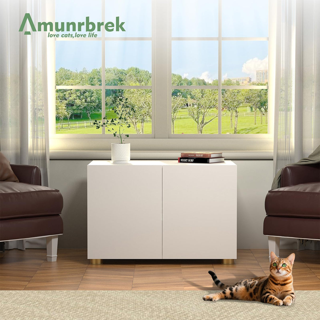 Amunrbrek Small Litter Box Enclosure, Sleek Modern Cat Litter Box Cabinet Furniture, Wooden Cat House, End Table (White) amunrbrek