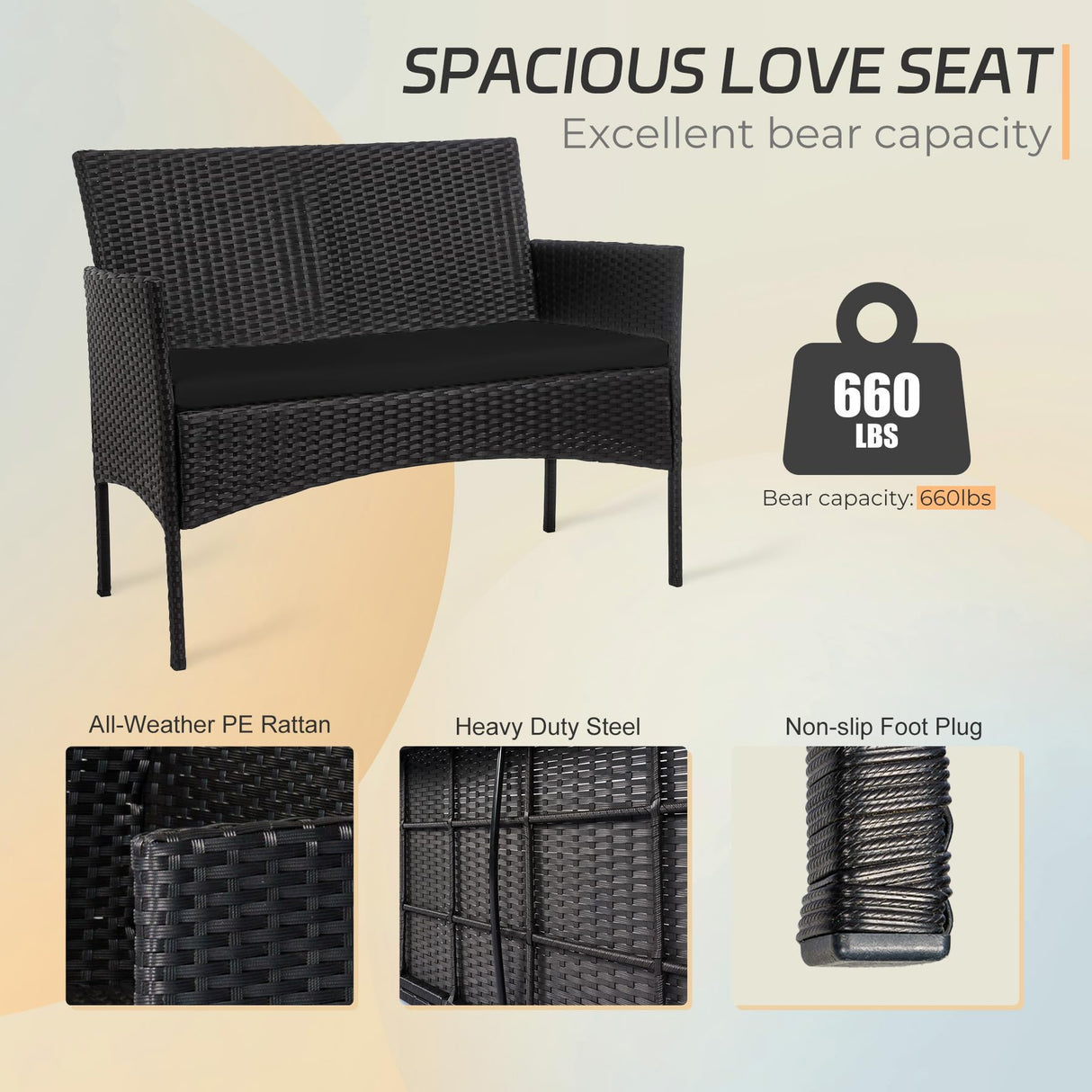 PROHIKER 4 Piece Outdoor Wicker Patio Conversation Furniture Set, Rattan Chair Wicker Sofa Garden Conversation Sets with Cushion and Glass Table for Yard Pool or Backyard, Black/Black PROHIKER