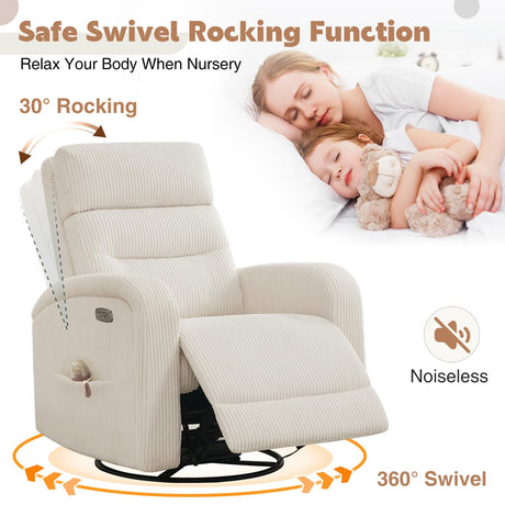 AEMEIOS Power Nursery Swivel Recliner, Electric Rocking Recliner with USB and Type-C Port, Swivel Glider Nursery Recliners for Living Room,Corduroy White AEMEIOS