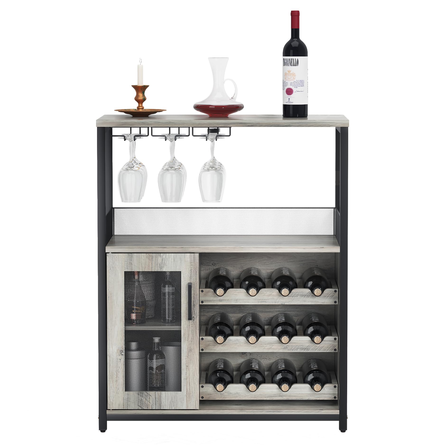 GAOMON Wine Bar Rack Cabinet with Detachable Wine Rack, Bar Cabinet with Glass Holder, Small Sideboard and Buffet Cabinet with Mesh Door (Grey) - WoodArtSupply