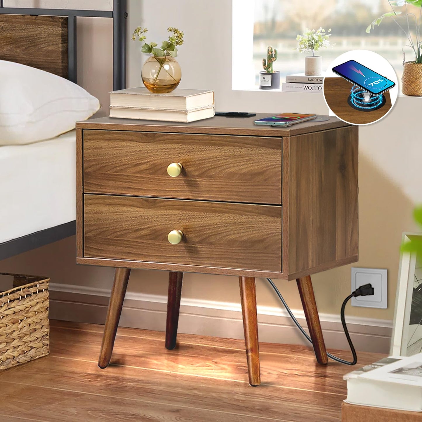 Wooden Nightstand with Wireless Charging and LED Light - 20" W x 14" D x 24" H Mid Century Modern Walnut Nightstand with Charging Station, Large Bedside Table with Storage Drawers, Outlet on Top