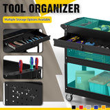 3 Tier Tool Cart on Wheels, Industrial Heavy Duty Rolling Tool Cart with Drawers, 500 LBS Capacity Utility Cart with Hooks and Locking System for Home, Garage, Warehouse, Workshop (Black) Xalvora