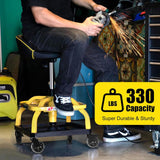 FreekyFit Rolling Shop Stool with Wheels, Garage Work Mechanic Stool with Backrest, Roller Mechanic Chair, Adjustable Height, 360° Swivel, Tool Tray Storage, 330 LBS Capacity, Heavy Duty, Yellow FreekyFit