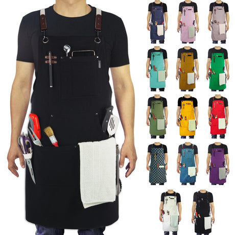 Stenffy Handmade Work Apron,Cotton Canvas,Multiple Pockets,Adjustable Cross Back Weight Apron,BBQ,Cafe,Kitchen,Painting,Carpenter,Artist Apron,Aprons for Men,Women,Sizes M to XXL,Black Stenffy