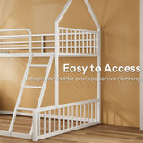LIKIMIO Bunk Bed Twin Over Full Size, House Bunk Bed Frame with Ladder and Guardrail, House Shaped with Metal Slats Support No Box Spring Needed Space Saving for Bedroom and Dorm, White LIKIMIO