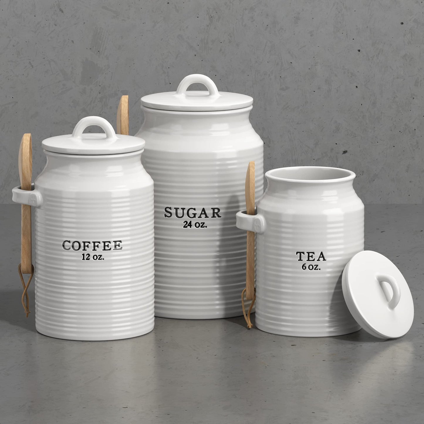 Barnyard Designs Canister Set for Kitchen Counter, Coffee Tea Sugar Container Ceramic Set, Decorative Canisters, Rustic Farmhouse Canister Jars, White (Coffee/Sugar/Tea)