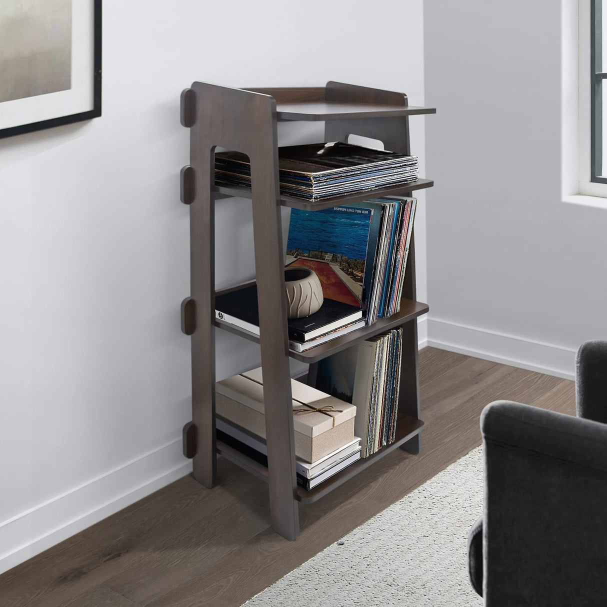 tonchean Record Player Stand, 4 Tier Wooden Turntable Stand, Modern Vinyl Record Storage Cabinet Holds Up to 200 Albums Vinyl Holder Display Shelf for Bedroom Living Room tonchean