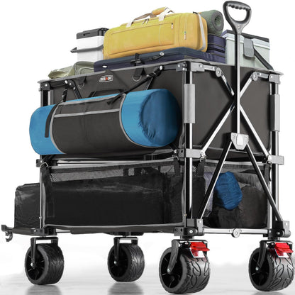 Overmont 400L Foldable Double Decker Wagon - Large Capacity Collapsible Wagon Cart- 52" Extra Long Extender - All-Terrain Big Wheels for Camping, Football Game, Sports Events, Support Up to 4 - WoodArtSupply