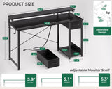 AODK Gaming Desk with LED Lights & Power Outlet, 55 Inch Computer Desk with Drawer, Reversible Desk with Adjustable Monitor Shelf & Headphone Hook for Home Office, Black AODK