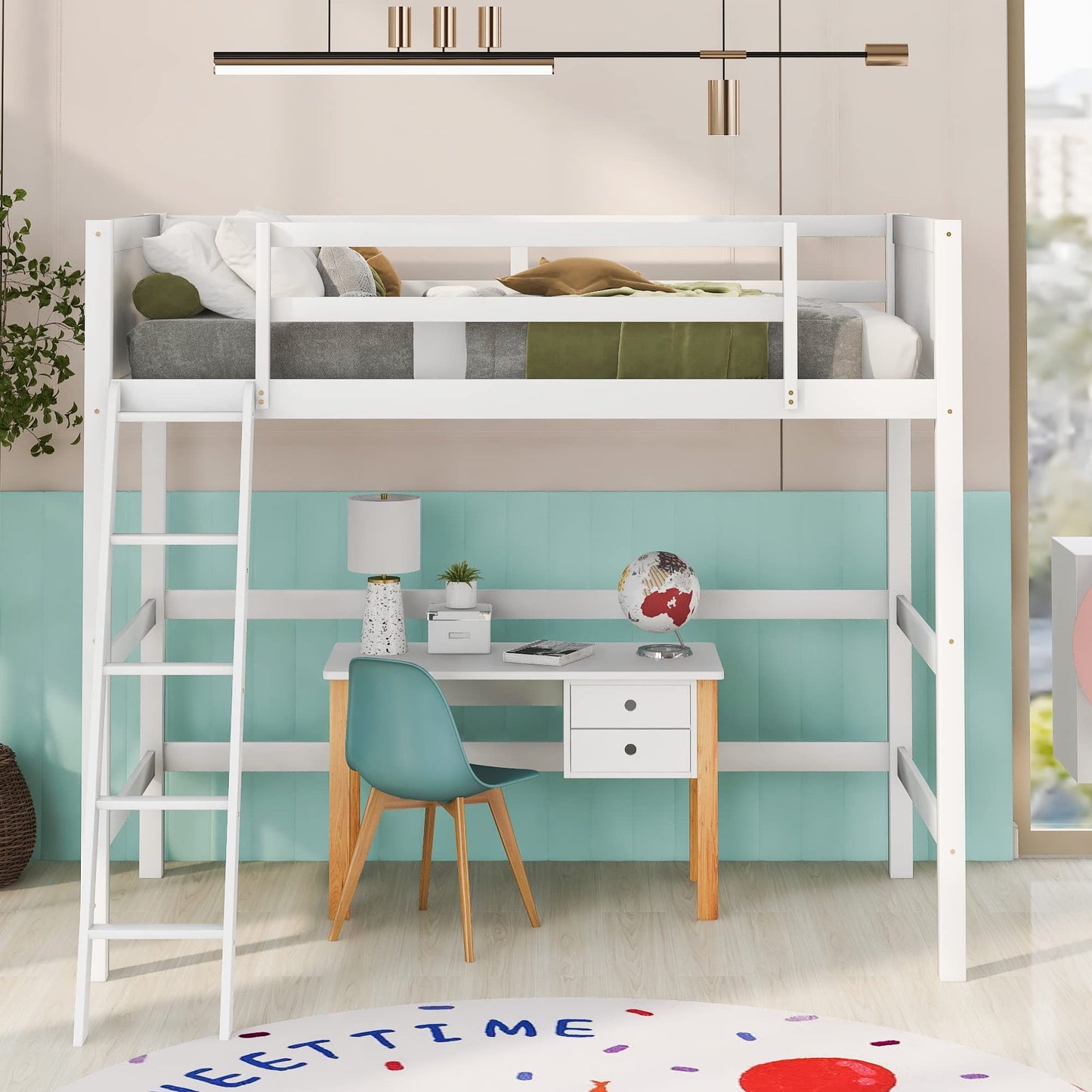 Harper & Bright Designs Solid Wood Twin Loft Bed with Ladder and Guardrails in White - WoodArtSupply