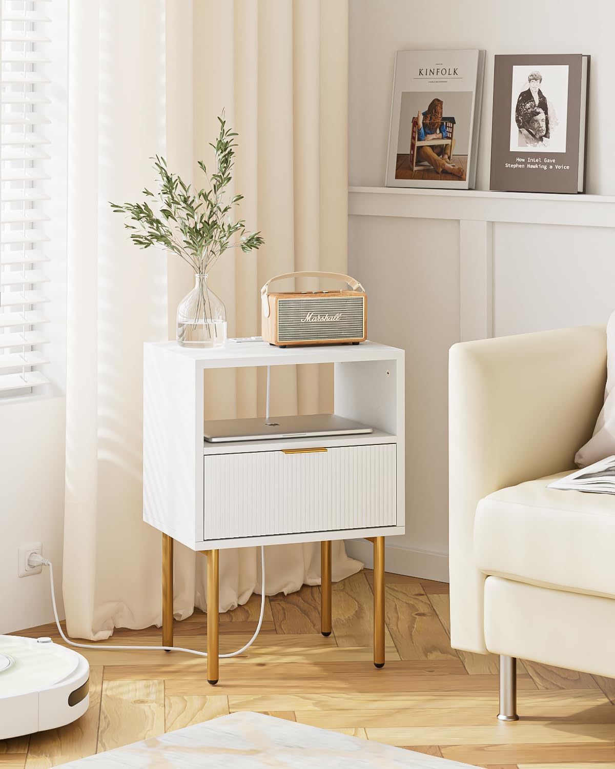 AEPOALUA Nightstand with Charging Station,Small Bedside Table with Gold Frame,White Night Stand,Bedside Furniture,Side Table with Drawer and Shelf for Bedroom,Living Room,Stripe AEPOALUA