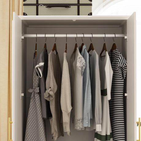 ECACAD White Wardrobe Armoire with 4 Doors, 3-Tier Shelves & Hanging Rod, Wooden Closet Storage Cabinet for Bedroom (30.2”W x 19.3”D x 74.8”H) ECACAD