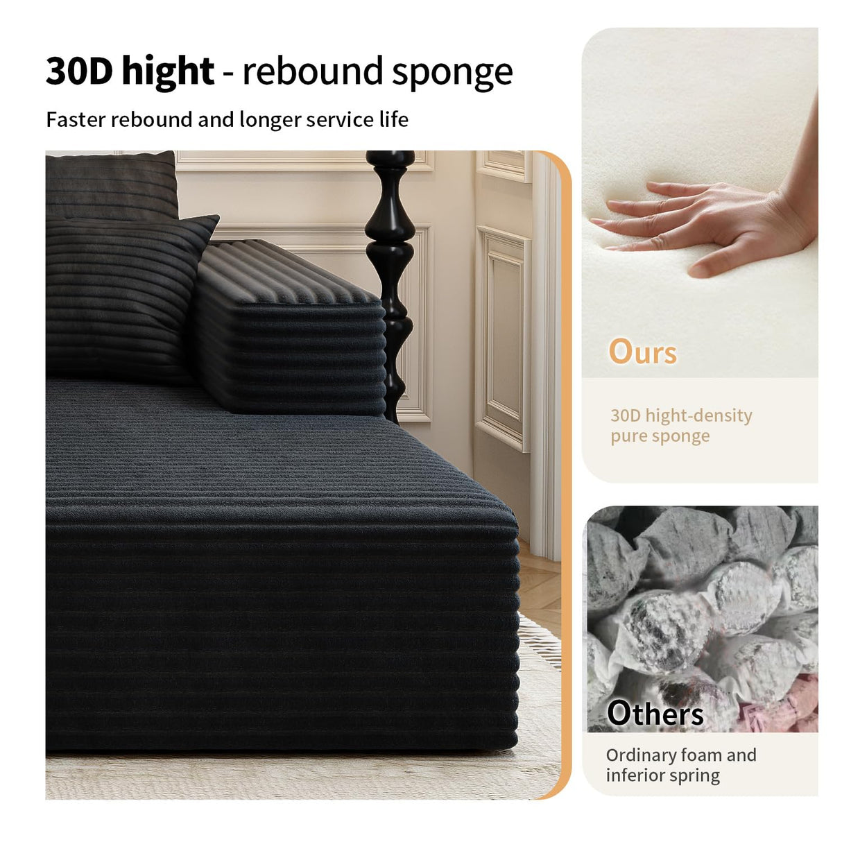 107.5" Cloud Modular Sectional Sofa with 1 Ottoman,Modern Minimalist Upholstered Couches, Comfort U Shaped Sofa for Living Room,Deep Seat Corner Couch，No Assembly Required (Black,Right Facing Chaise) Settab