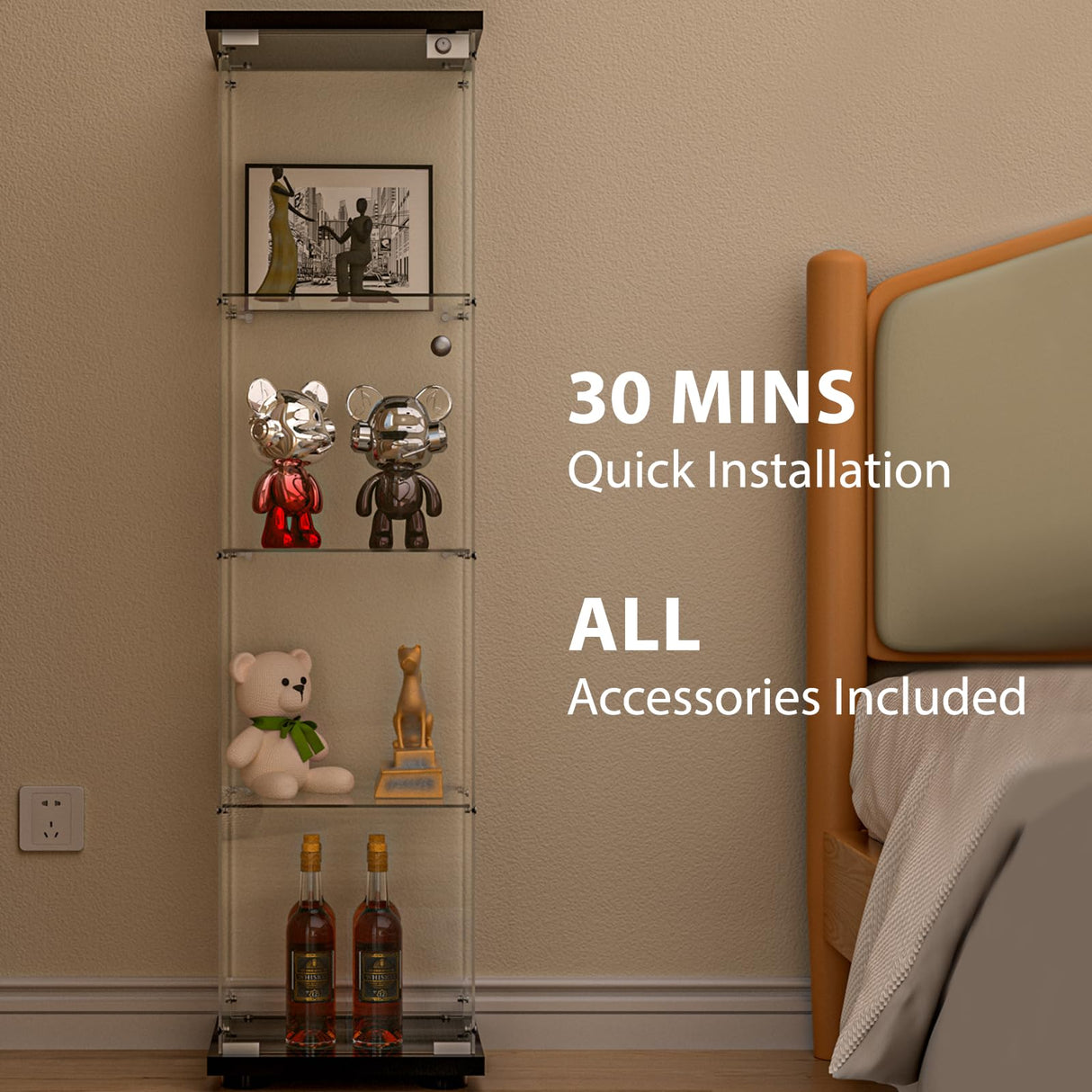 FANYUSHOW Glass Display Cabinet with Door and Lock, Quick-Install Style 4-Shelf Curio Cabinet 5mm Tempered Glass Floor Standing Bookshelf for Living Room, Bedroom, 65" H x 17''L x 14''W (Black) FANYUSHOW