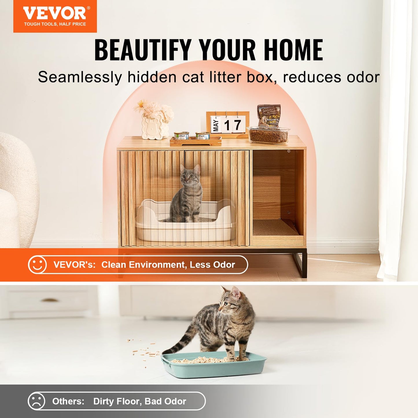 VEVOR Cat Litter Box Enclosure, Hidden Litter Box Furniture with 4 Storage Shelves, Wooden Cat Washroom Indoor, Large Cat House Cabinet Hidden Fit Most Litter Box, 33.5"L x 19.3"W x 72.3"H, Dark Brown