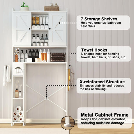 EasyCom Over The Toilet Storage Cabinet with Metal Frame and 7 Storage Shelves, Bathroom Organizer with Adjustable Shelves, Paper Holder and Racks, Farmhouse Storage Cabinet for Laundry, White EasyCom