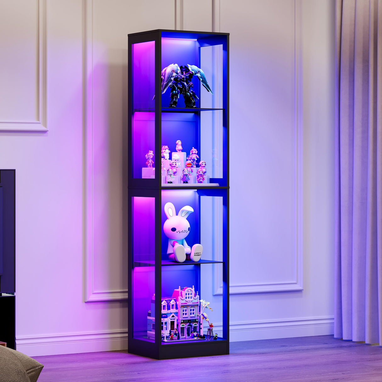 Jocisland 18x14 Inch Display Cabinet with RGB Lights, 4-Tier Storage Display Case for Collectibles, Adjustable Shelves, MDF and Tempered Glass, Black Jocisland