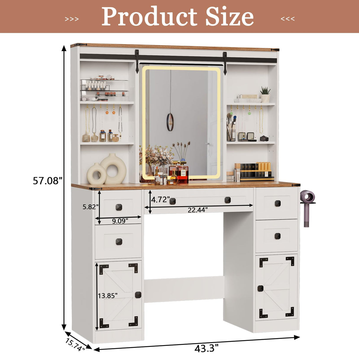 Makeup Vanity Desk with Lights, Large Vanity Desk with Sliding Mirror and Lights in 3 Mode, Farmhouse Vanity with Power Outlet, Vanity Desk with 5 Drawers,2 Cabinets,12 hooks, White Vanity for Bedroom ISHARINGTIME
