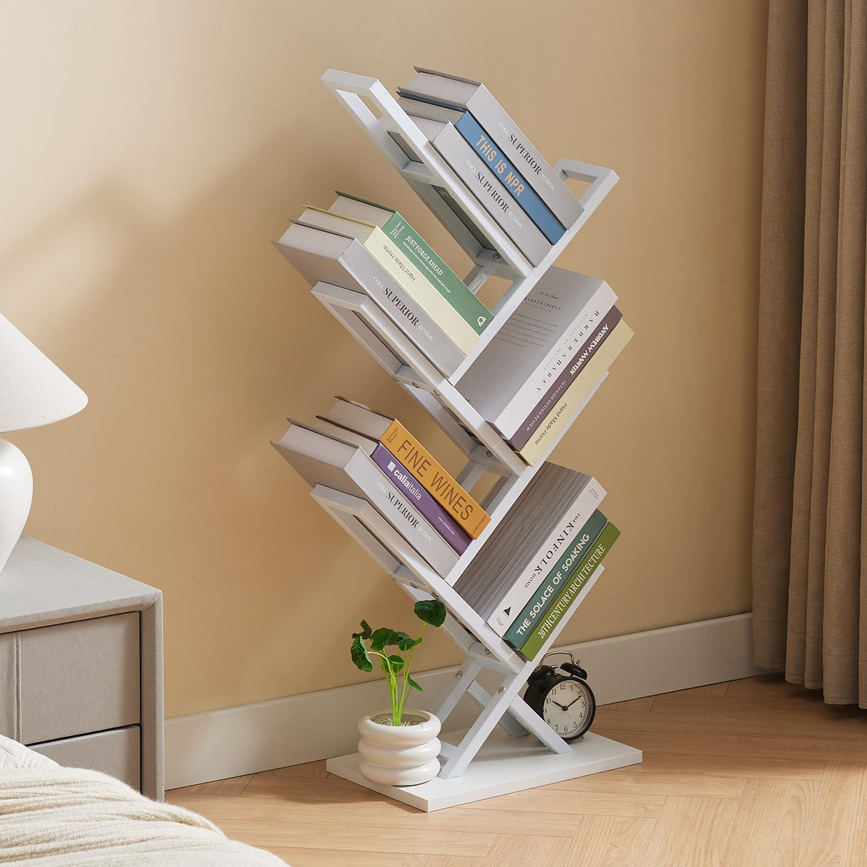 Ymesiyou 5 Tier Tree Bookshelf, Floor Standing Bookshelf for Narrow Space,Storage Organizer Bookshelves for Books/CDs/Magazine, Bookcase with Shelves for Home Office, Living Room- White Ymesiyou