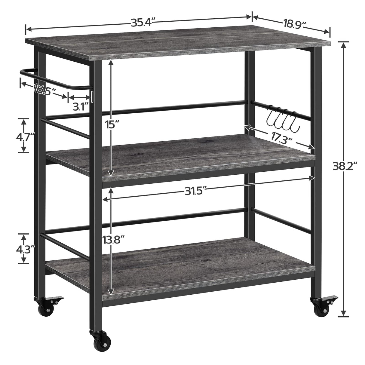 HOOBRO Kitchen Island with Storage,Industrial Kitchen Island on Wheels and Side Enclosures, 3 Tier Kitchen Cart with Large Workstation, Stable, Easy Assembly, Charcoal Gray and Black BC03ZD01 HOOBRO
