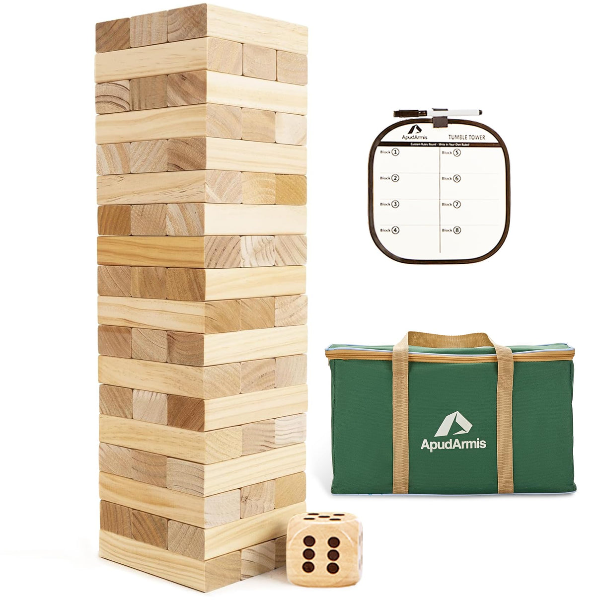 ApudArmis Giant Tumble Tower (Stack from 2Ft to Over 4.2Ft), 54 PCS Pine Wooden Stacking Timber Game with 1 Dice Set - Classic Block Giant Outdoor Game for Teens Adults Family ApudArmis